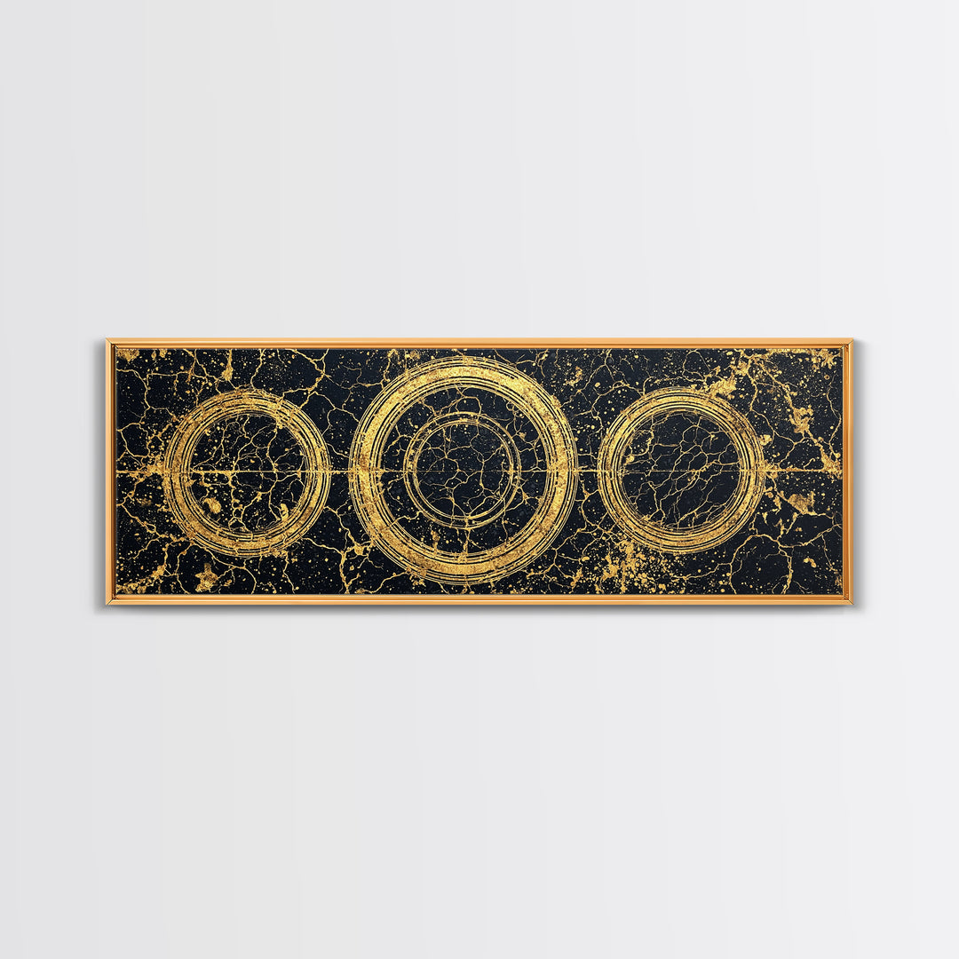 Gold Concentric Circles On Black Cracked Stone Wall Art, Geometric Canvas Print, Modern Luxury Decor, Abstract Pattern Art