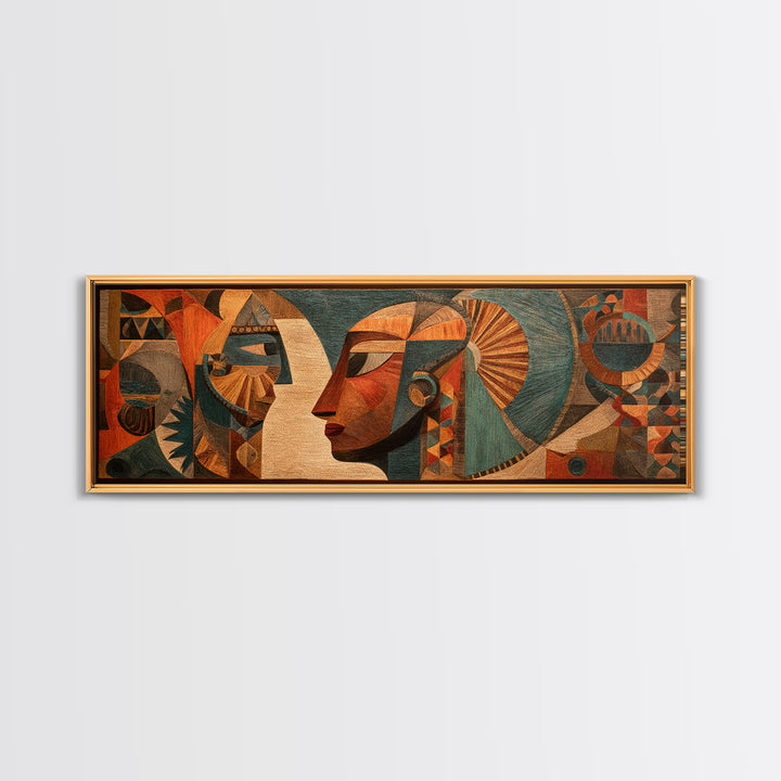 Cubist African Woman Profile Wall Art, Earth Tone Tribal Portrait, Abstract African Art Decor, Panoramic Canvas Print Gift