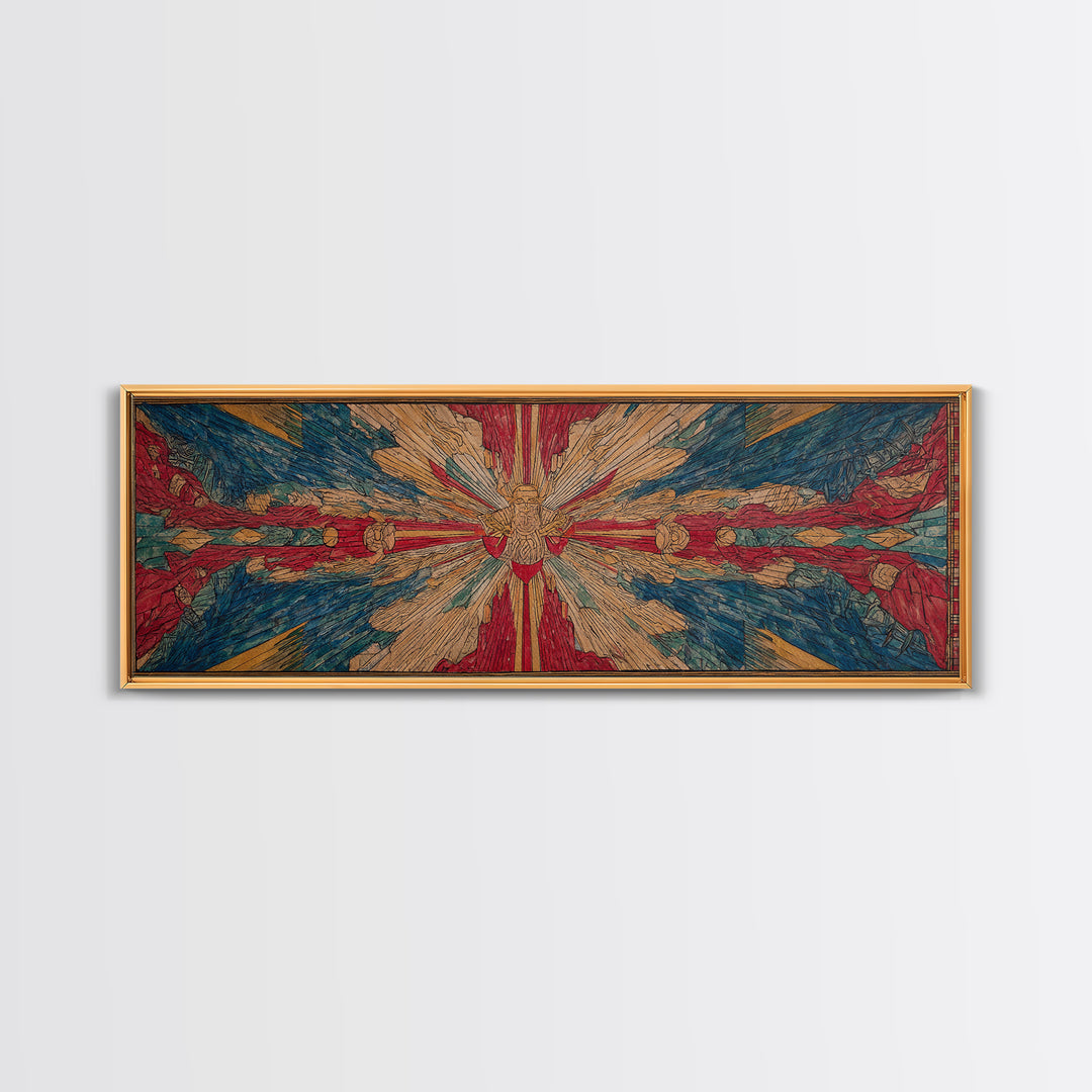 Radiant Dove Cross Abstract Wall Art, Red Blue Spiritual Canvas Print, Contemporary African Inspired Decor, Statement Gift
