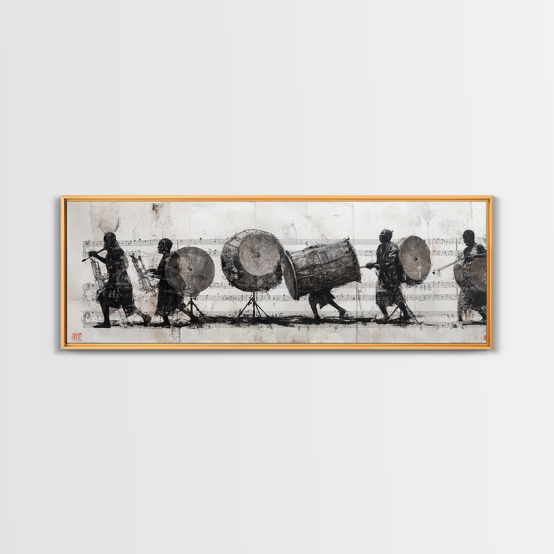 Monochrome African Drummers Wall Art, Tribal Music Procession Canvas Print, Cultural Black Art For Home Office Decor Gift