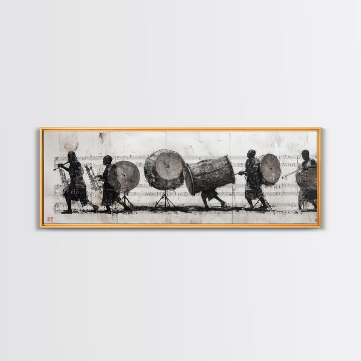 Monochrome African Drummers Wall Art, Tribal Music Procession Canvas Print, Cultural Black Art For Home Office Decor Gift