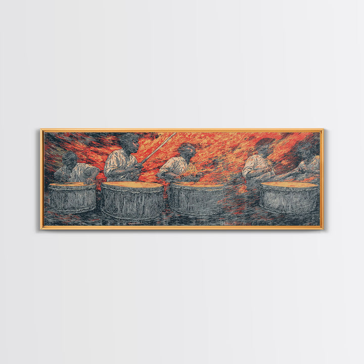 Fiery African Drummers Canvas Print, Red Orange Tribal Music Wall Art, Afrocentric Abstract Art For Bold Home Decor Gift
