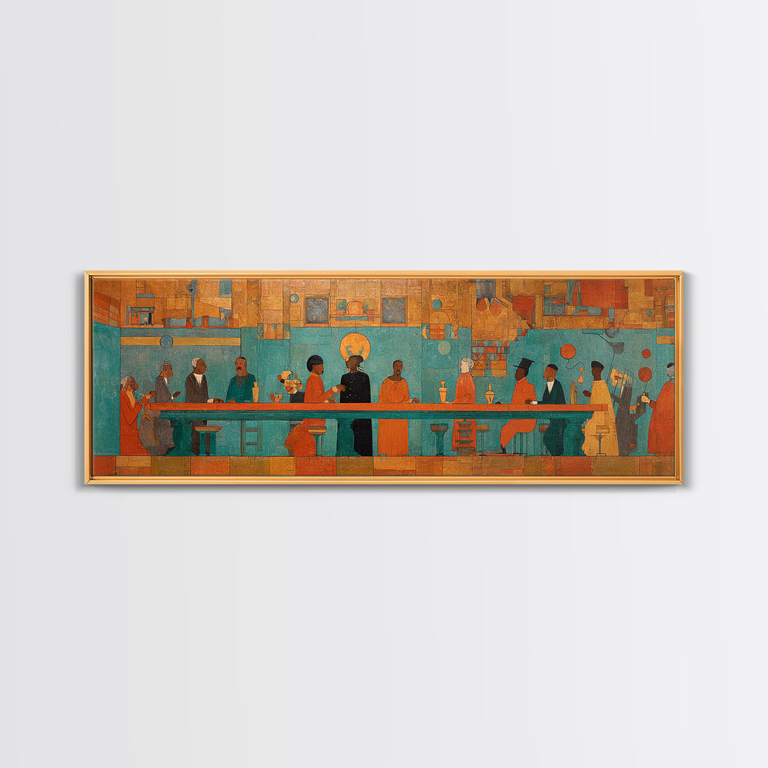 Turquoise Orange Social Gathering Wall Art, African Lounge Scene Canvas Print, Modern Afrocentric Decor For Home And Office