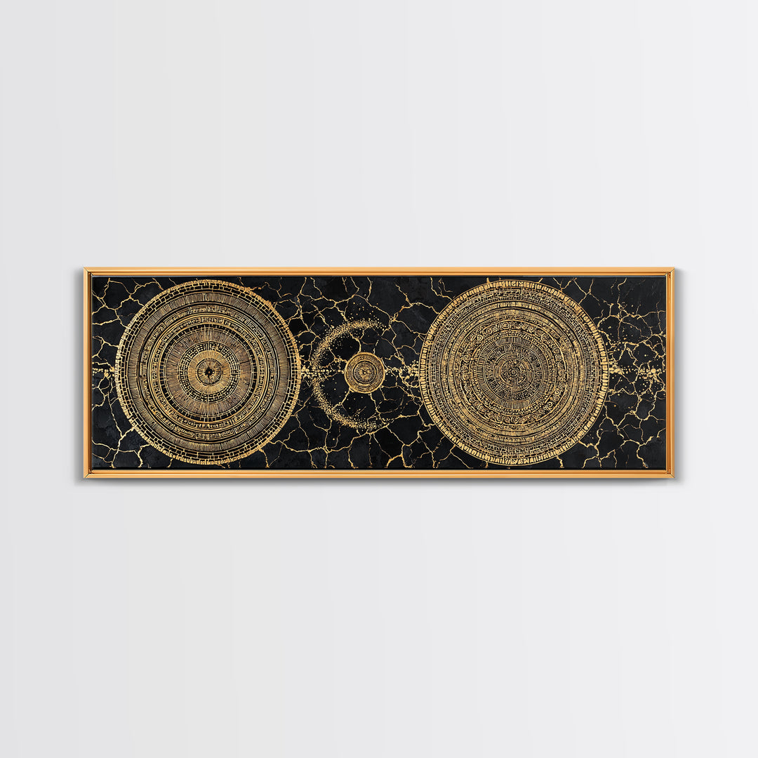 Gold Celestial Mandala Circles On Black Stone Wall Art, Abstract Wall Art, Luxury Canvas Print, Modern Home Decor, Statement Wall Decor