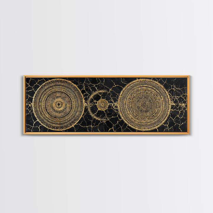 Gold Celestial Mandala Circles On Black Stone Wall Art, Abstract Wall Art, Luxury Canvas Print, Modern Home Decor, Statement Wall Decor