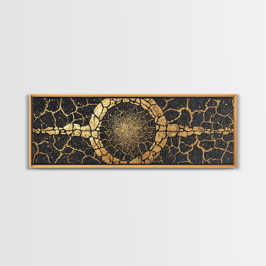 Gold Cracked Stone Circle With Cosmic Spark Wall Art, Abstract Black Art Canvas Print, Textured Modern Wall Decor, Statement Decor