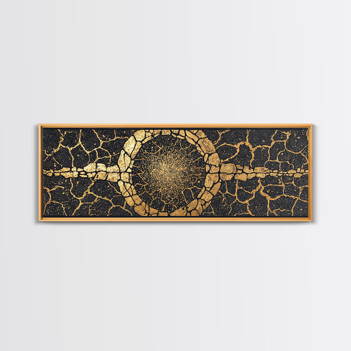 Gold Cracked Stone Circle With Cosmic Spark Wall Art, Abstract Black Art Canvas Print, Textured Modern Wall Decor, Statement Decor