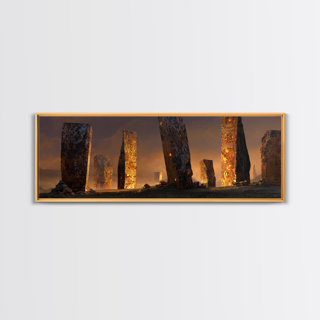 Glowing Ancient Monoliths In Desert Sunset Framed Canvas Print, Mystical Wall Art, Fantasy Ruins Decor, Large Wall Decor