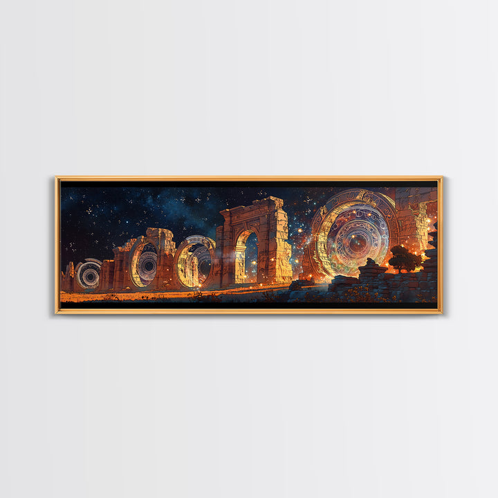 Starlit Ancient Arches With Cosmic Portals Framed Canvas Print, Mystical Wall Art, Galaxy Ruins Decor, Large Wall Art, Unique Home Decor