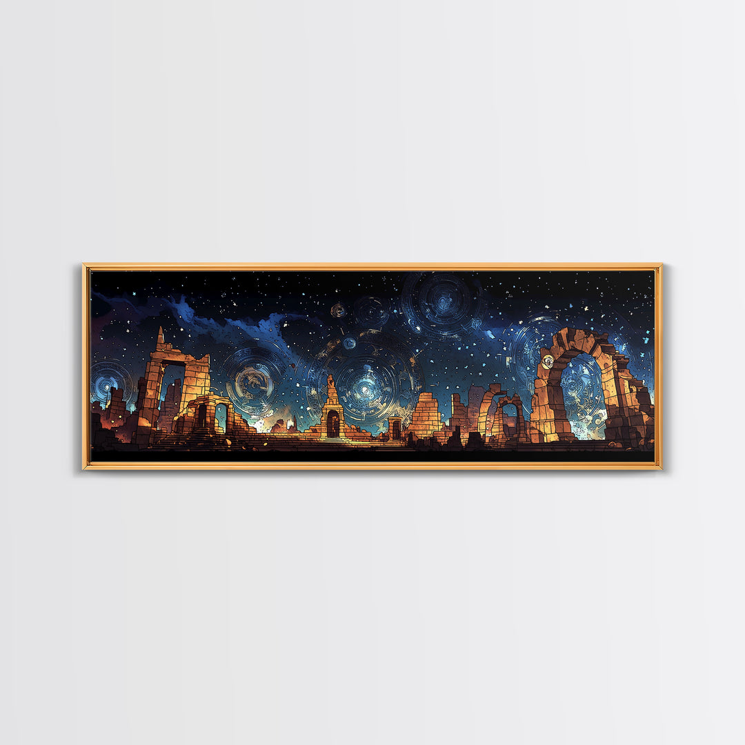 Starry Temple Ruins With Blue Gold Celestial Sky Wall Art, Framed Canvas Print, Mystical Decor, Large Statement Wall Decor