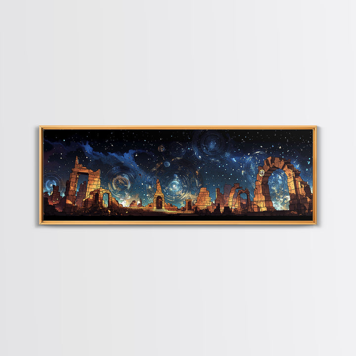 Starry Temple Ruins With Blue Gold Celestial Sky Wall Art, Framed Canvas Print, Mystical Decor, Large Statement Wall Decor