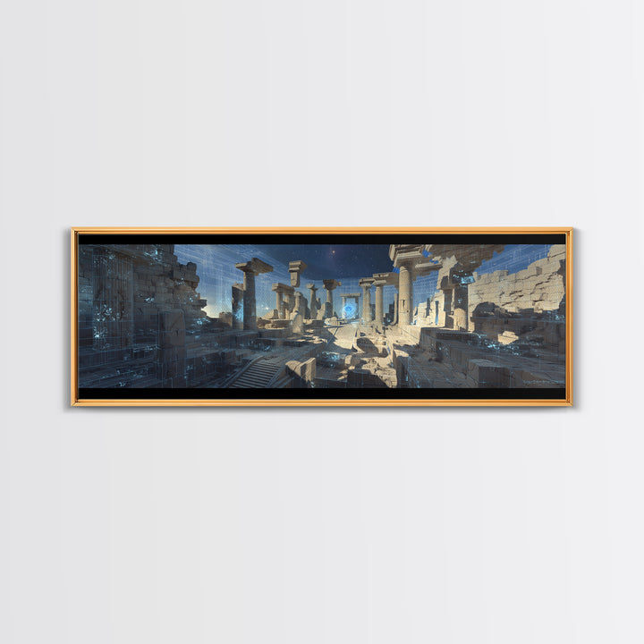 Blue Futuristic Column Ruins With Digital Grid Canvas Print, Modern Wall Art, Sci Fi Office Decor, Large Wall Decor, Unique Home Decor