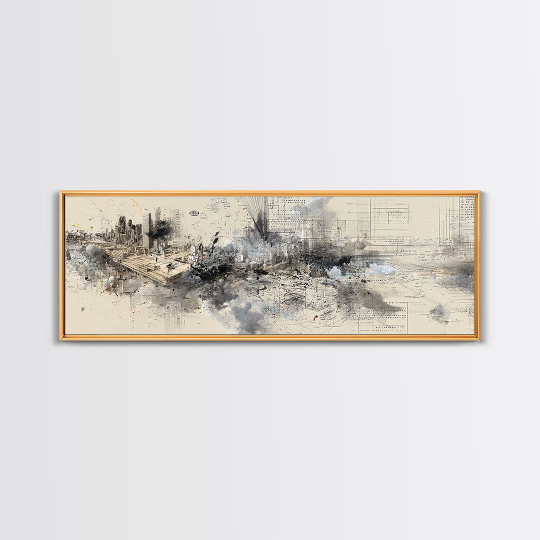 Modern Urban Skyline Wall Art, Abstract Architecture Drawing, Contemporary Office Decor, Neutral City Canvas Print Gift For Loft