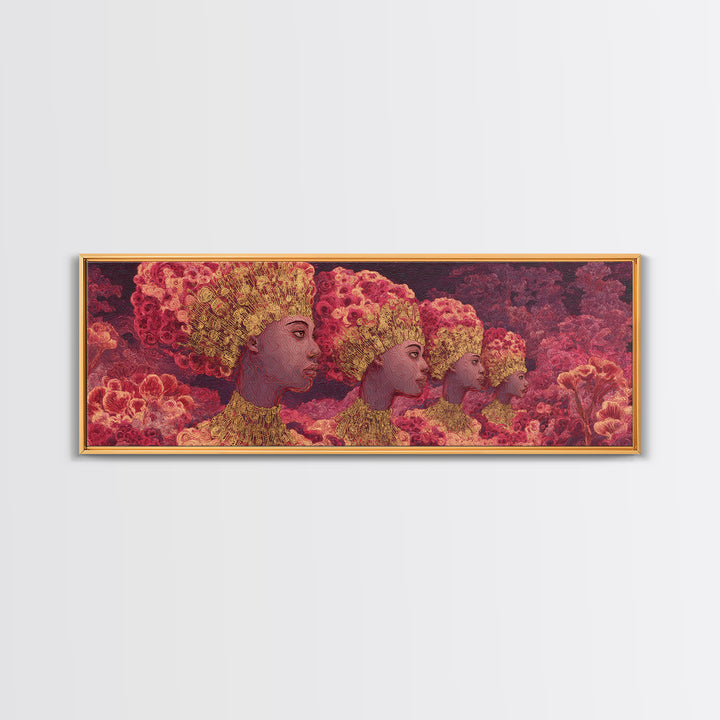 Pink Rose Garden Afro Women Portrait Wall Art, Floral Black Beauty Canvas Print, Feminine Afrocentric Decor, Melanin Gift For Her