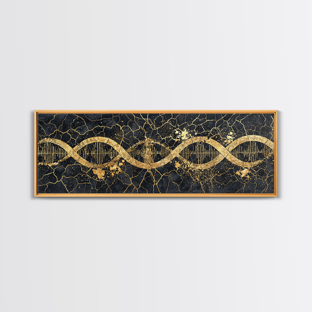 Gold DNA Helix Wall Art, Abstract Luxury Science Canvas Print, Black And Gold Design, Modern Office Decor For Biology Gift