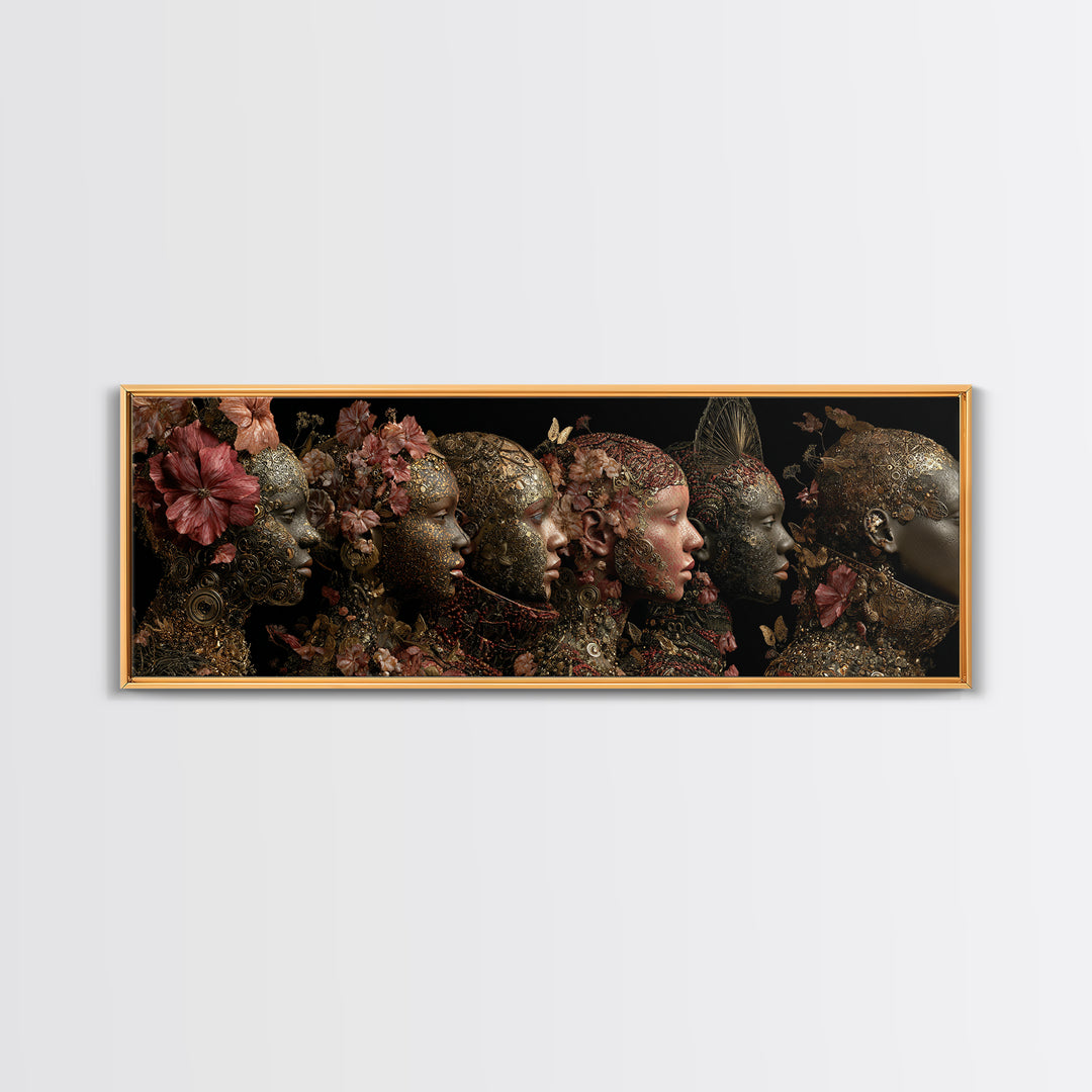 Black Goddess Floral Portrait Wall Art, Elegant Women Canvas Print, Afrocentric Luxury Decor, Dark Botanical Gift For Her