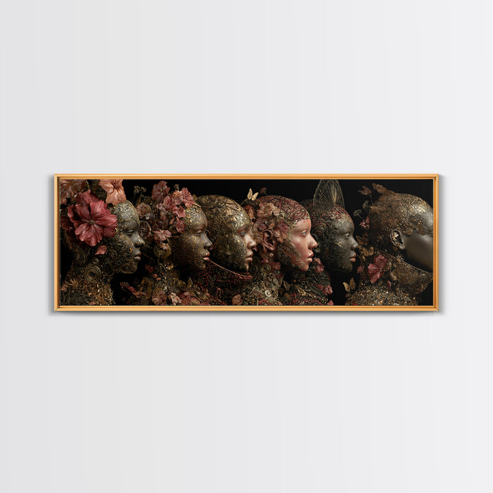 Black Goddess Floral Portrait Wall Art, Elegant Women Canvas Print, Afrocentric Luxury Decor, Dark Botanical Gift For Her