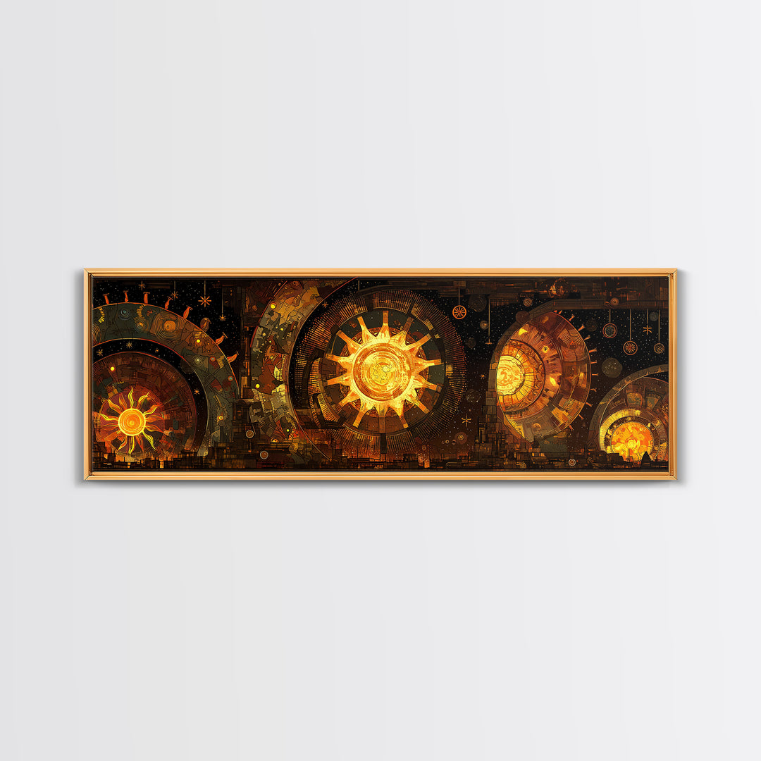 Golden Celestial Clockwork Suns Wall Art, Afrofuturism Decor, African Inspired Abstract, Luxury Canvas For Living Room Decor