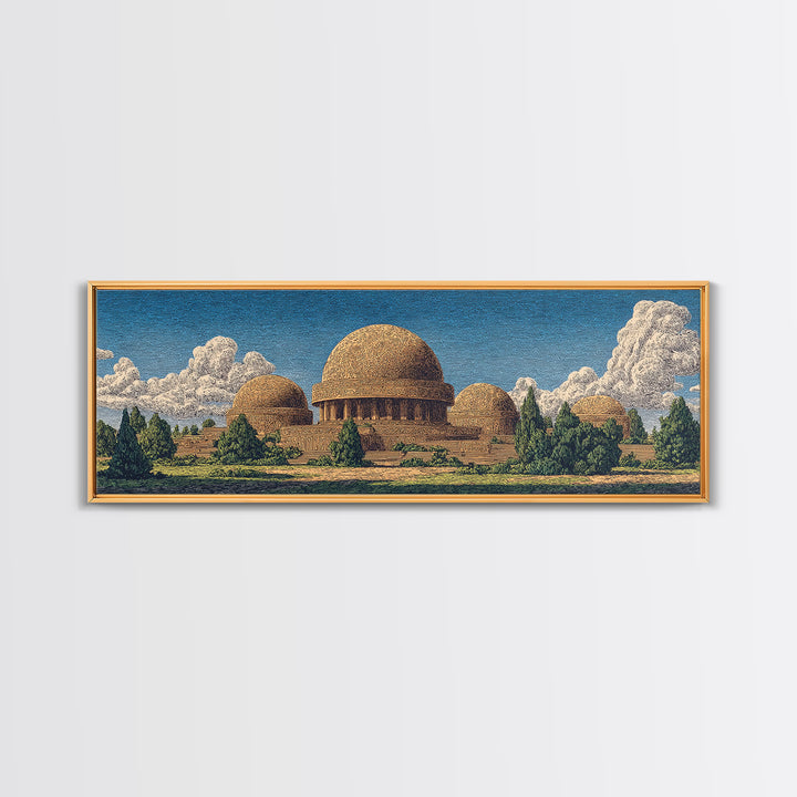 Afrofuturist Domed Village Mountains Wall Art, African Inspired Architecture Canvas Print, Teal Landscape Home Decor Gift