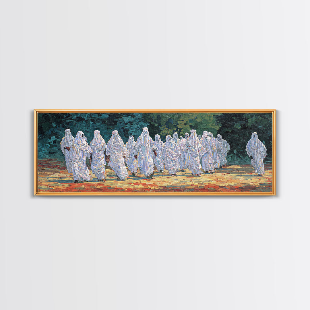 White Robed Desert Procession Wall Art African Painting Spiritual Wall Decor Textured Canvas Art Cultural Landscape Print