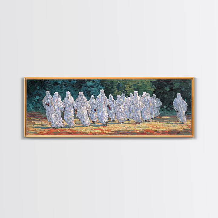 White Robed Desert Procession Wall Art African Painting Spiritual Wall Decor Textured Canvas Art Cultural Landscape Print
