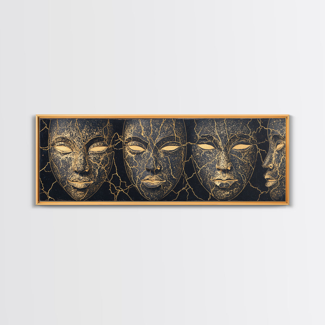 Black And Gold Cracked Mask Faces Framed Canvas Print, African Tribal Art, Elegant Afrocentric Wall Decor, Luxury Home Decor