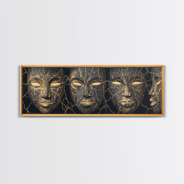 Black And Gold Cracked Mask Faces Framed Canvas Print, African Tribal Art, Elegant Afrocentric Wall Decor, Luxury Home Decor