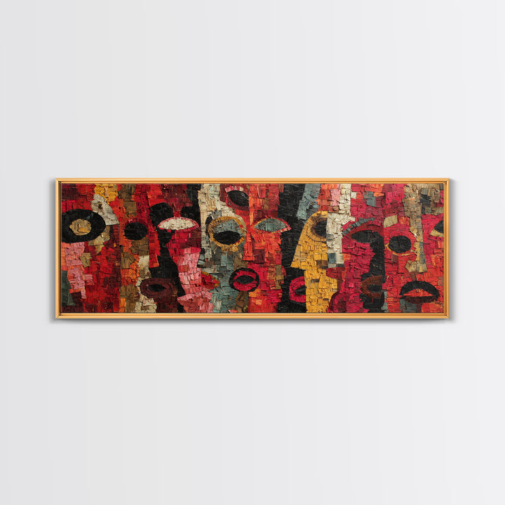 Red Mosaic Tribal Mask Faces Wall Art, Abstract African Art Decor, Bold Cultural Canvas Print, Vibrant Ethnic Home Decor