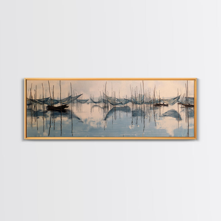 Misty African Fishing Boats On Calm Water Canvas Print, Minimalist Blue Wall Art, Serene Landscape Decor, Peaceful Home Gift