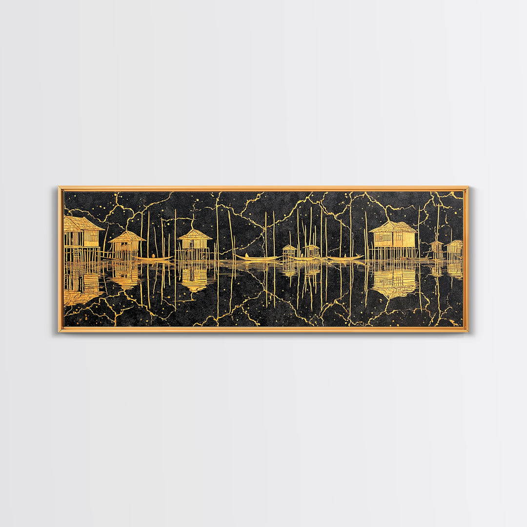 Gold Stilt Hut Reflections On Black Wall Art, Abstract Coastal Canvas Print, Luxury Modern Decor, Statement Living Room Art