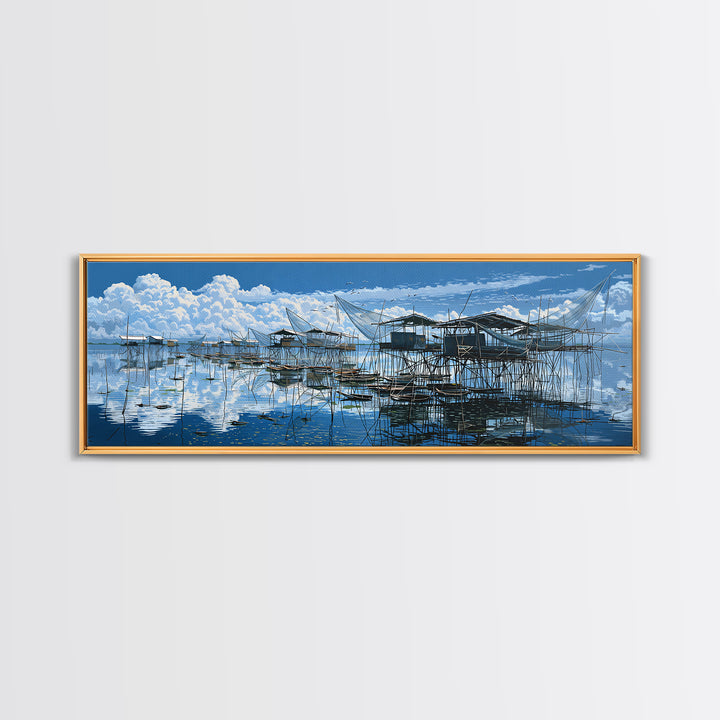Blue Stilt Fishing Village Panorama Wall Art, Coastal Canvas Print, Bright Seascape Decor, Large Nautical Living Room Art