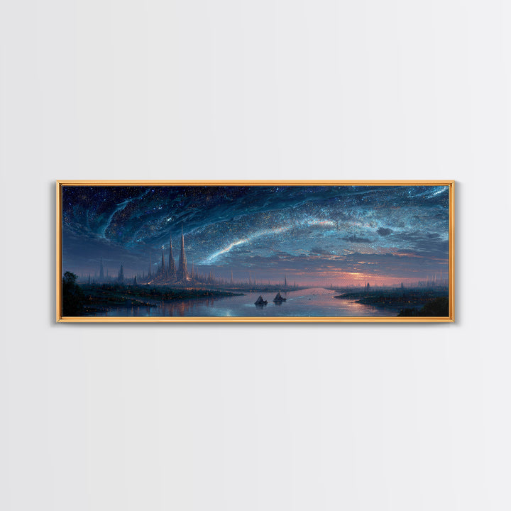 Starry Night River City Skyline Wall Art, Blue Fantasy Canvas Print, Dreamy Galaxy Decor, Large Modern Living Room Art Print