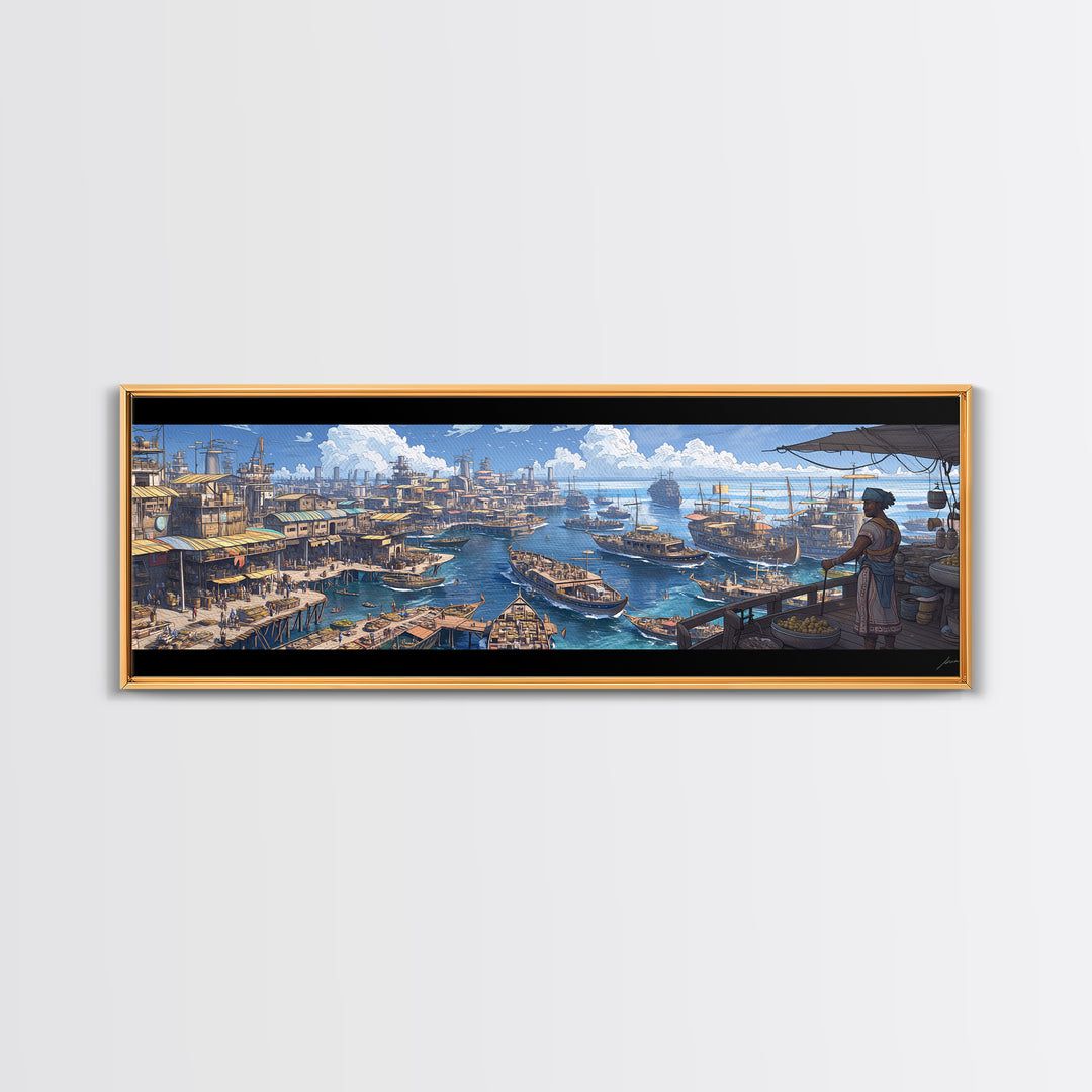 Busting Coastal Canal Market Panorama Wall Art, Blue Harbor Canvas Print, Mediterranean Style Decor, Large Living Room Art