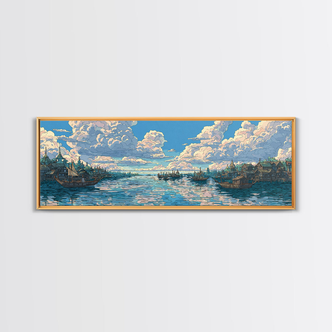 Cloud Filled Harbor Village And Calm Sea Wall Art, Pastel Blue Canvas Print, Coastal Home Decor, Large Living Room Art Print