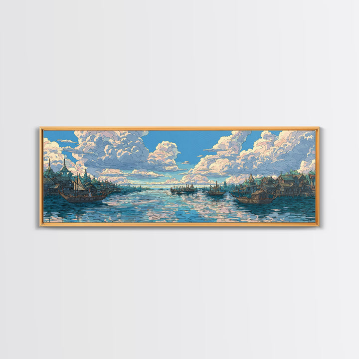 Cloud Filled Harbor Village And Calm Sea Wall Art, Pastel Blue Canvas Print, Coastal Home Decor, Large Living Room Art Print