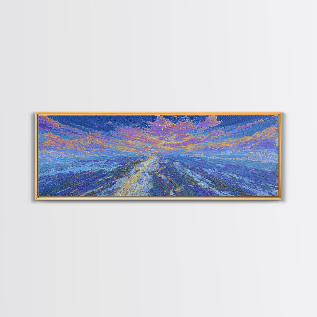 Dreamy Blue Abstract African Landscape Wall Art, Ocean Path Sunset, Textured Modern Canvas Print, Serene Home Decor Gift