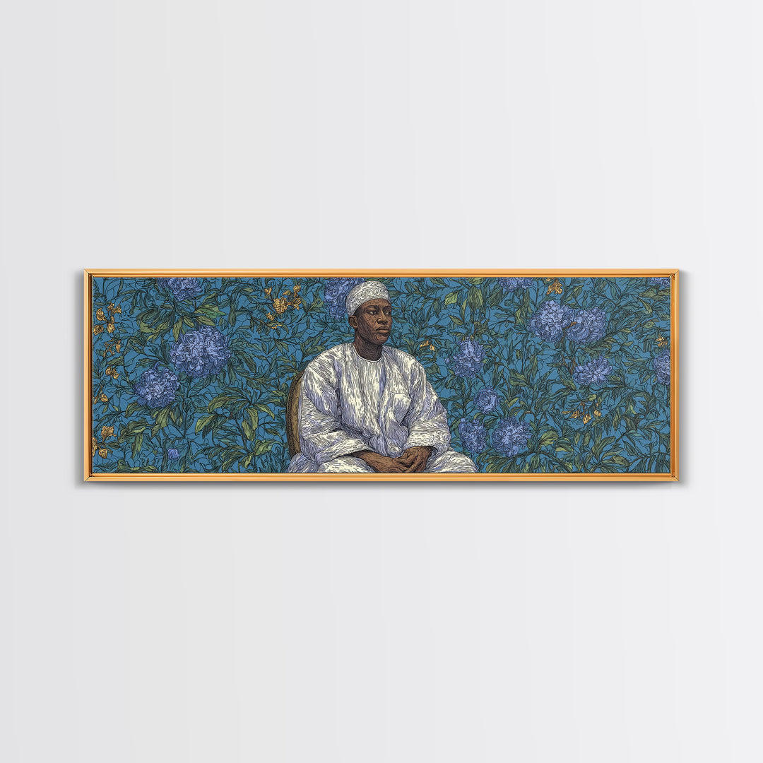 Contemplative African Man Floral Portrait Wall Art, Blue Botanical Pattern, Cultural Framed Canvas Print, Elegant Home Decor