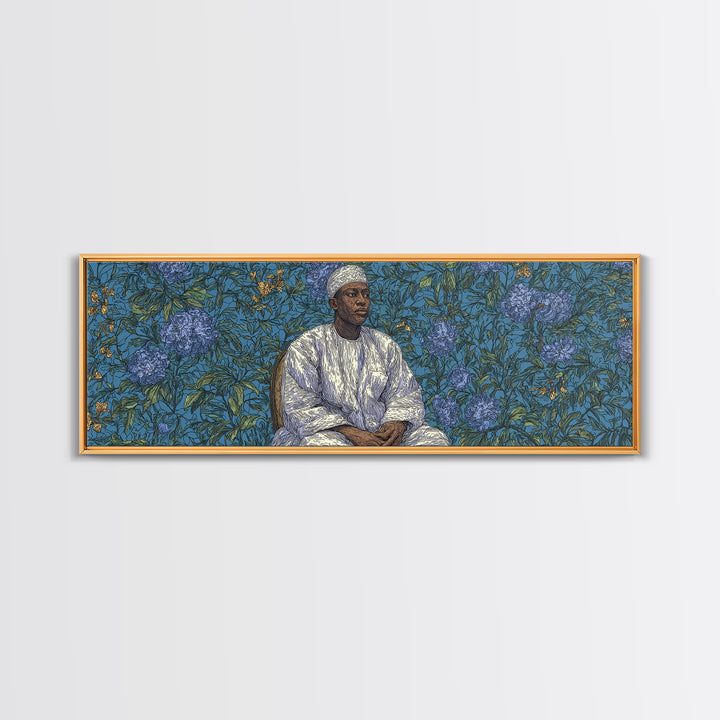 Contemplative African Man Floral Portrait Wall Art, Blue Botanical Pattern, Cultural Framed Canvas Print, Elegant Home Decor