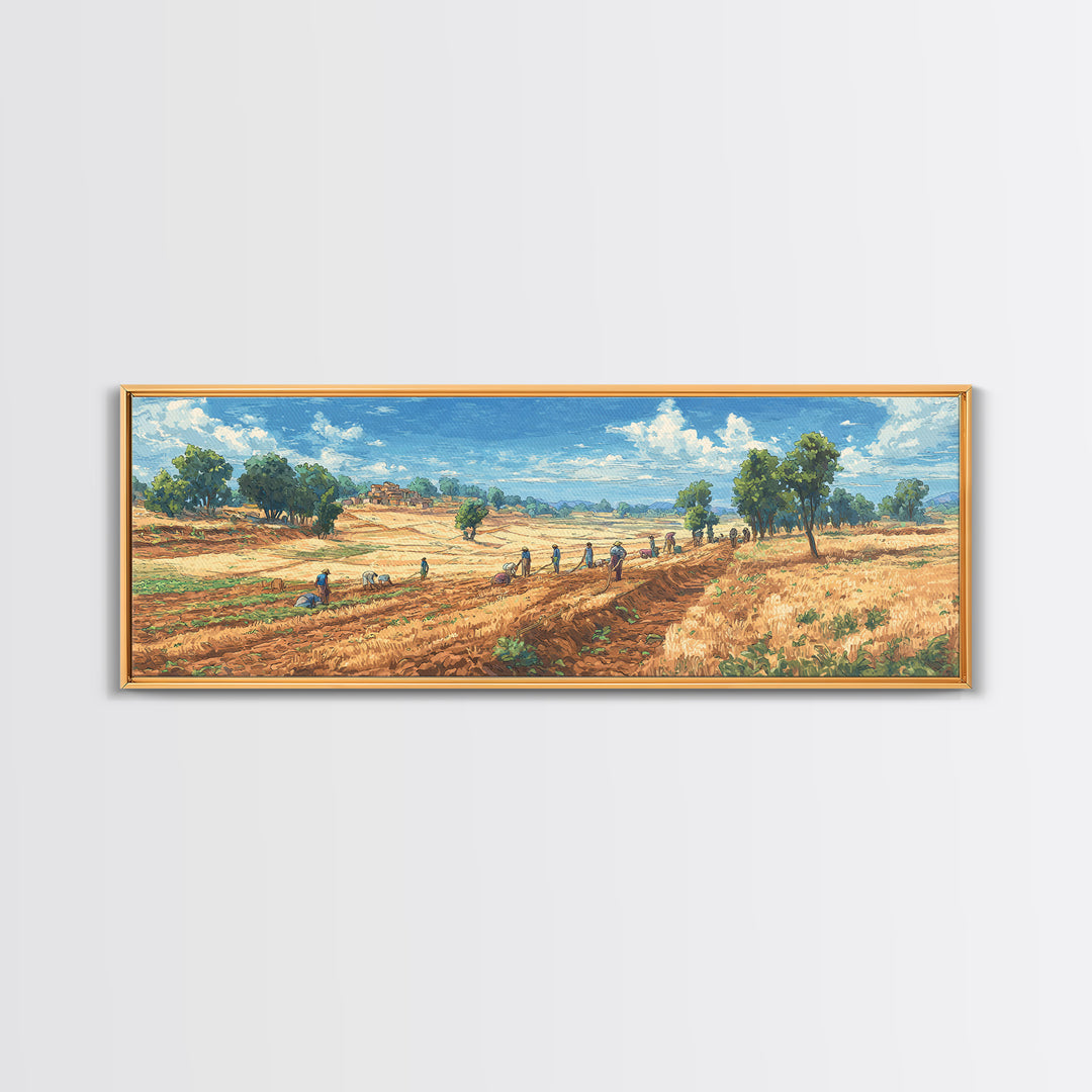 Rural African Farmers Working Golden Fields Wall Art, African Landscape Canvas Print, Safari Decor, Nature Painting Gift