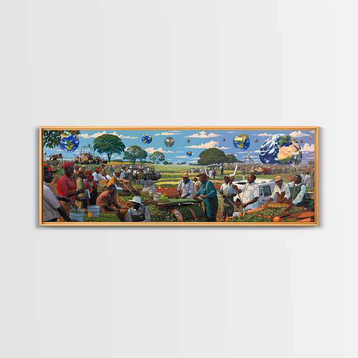 Futuristic African Farmers And Market Globes Canvas Print, Afrocentric Wall Art, Black Culture Decor, Vibrant Living Room Gift