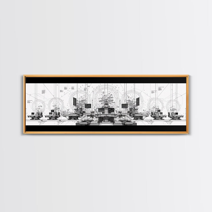 Black White Futuristic Control Room Framed Canvas Print, Modern Wall Art, Office Decor, Geometric Schematic Tech Art Gift