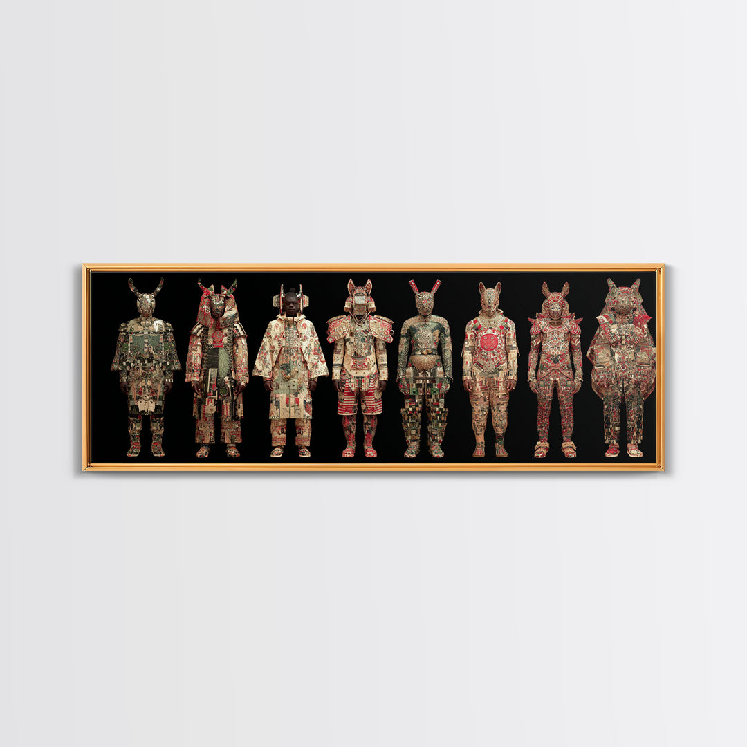 Ornate Masked African Warrior Lineup Canvas Print, African Tribal Art, African Mask Art, Bold Home Decor, Cultural Wall Art