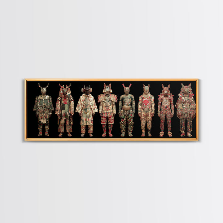 Ornate Masked African Warrior Lineup Canvas Print, African Tribal Art, African Mask Art, Bold Home Decor, Cultural Wall Art