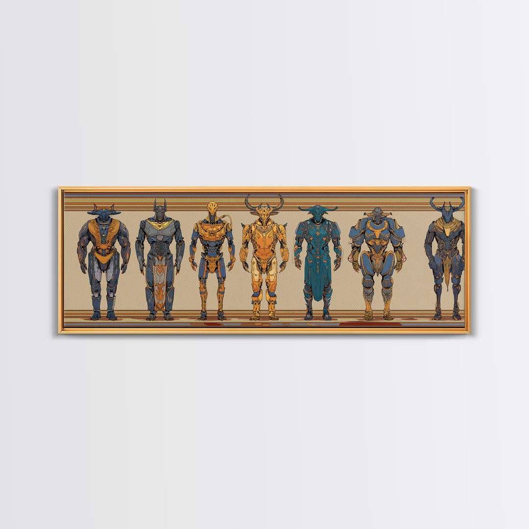 Horned Mythic Armored Warriors Framed Canvas Print, African Warrior Art, Tribal Art Decor, Modern African Art, Bold Wall Decor