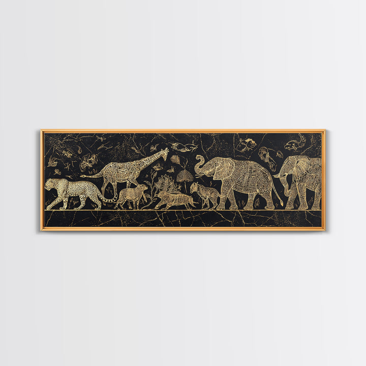 Gold Safari Animals On Black Wall Art, African Elephant, African Giraffes, Jungle African, Luxury Canvas Art, Safari Decor
