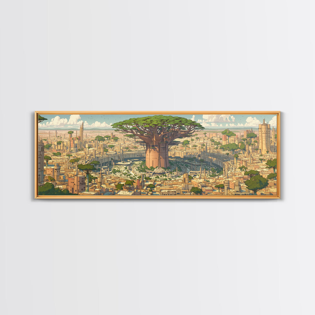 Giant Baobab Futuristic African City Wall Art, Panoramic Afrocentric Landscape Print, Modern Safari Decor Gift, Living Room Decor