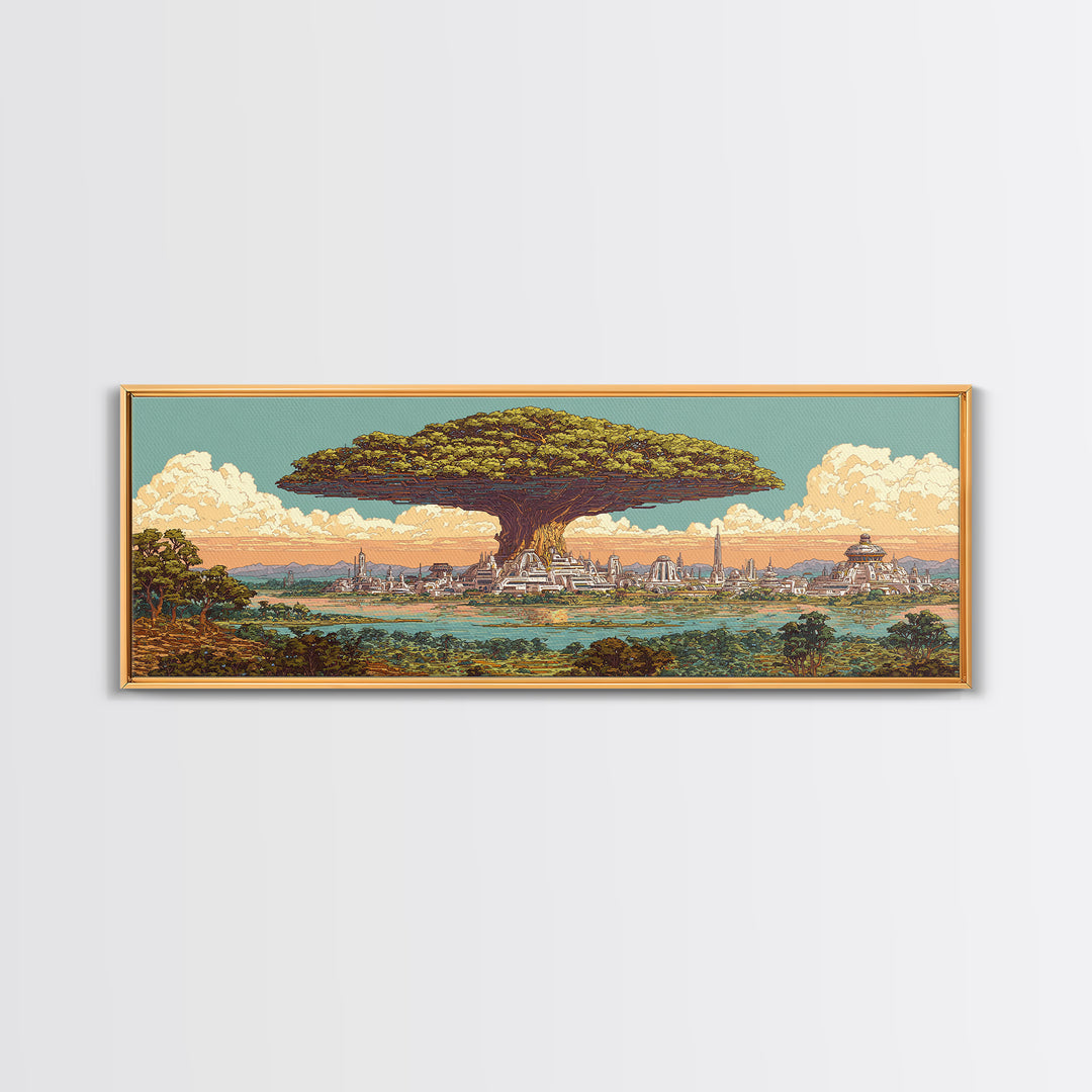 Floating Baobab Over African Lagoon Canvas Print, Fantasy Afrocentric Landscape, Serengeti Wall Decor, Nature Gift, Housewarming Gift
