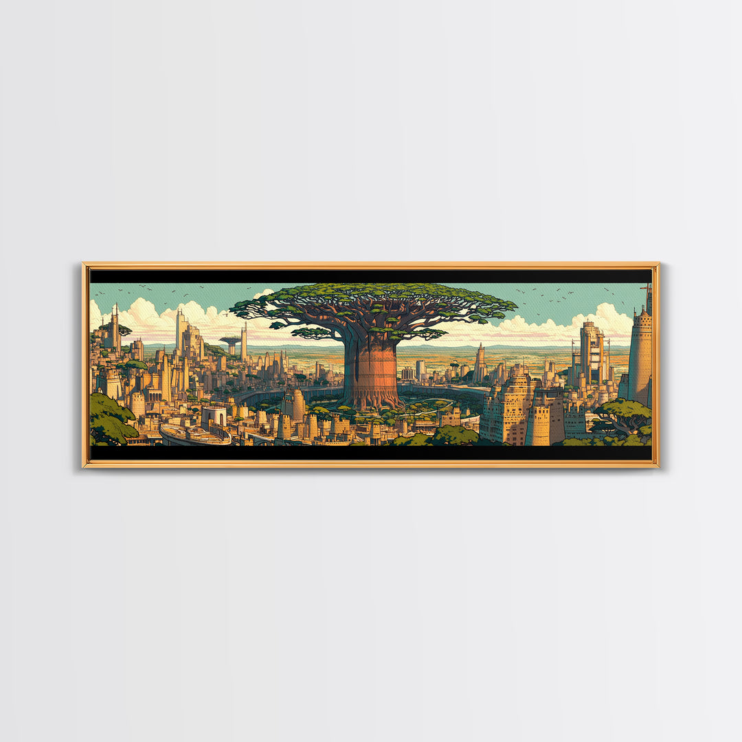 Colossal Baobab In Golden Futuristic City Framed Canvas Print, African Wall Art, Modern Afrocentric Office Decor, Large Statement Piece