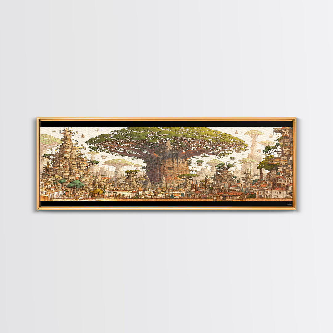 Ancient Baobab Rising Through African City Wall Art, Sepia Fantasy Landscape, Cultural Home Decor, Panoramic Print, Gallery Wall Decor