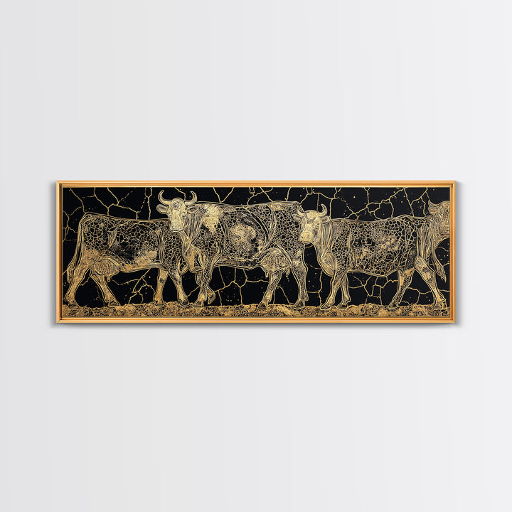 Gold Engraved African Cattle Herd Canvas Print, Black And Gold Safari Animal Art, Rustic Farmhouse Wall Decor Gift For Him